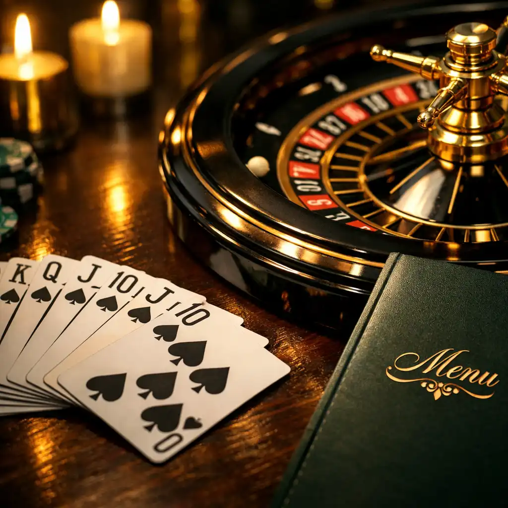 Detailaufnahme eines Spielkartenfächers und eines Roulette-Rads auf dunklem Holztisch neben einem eleganten Menü