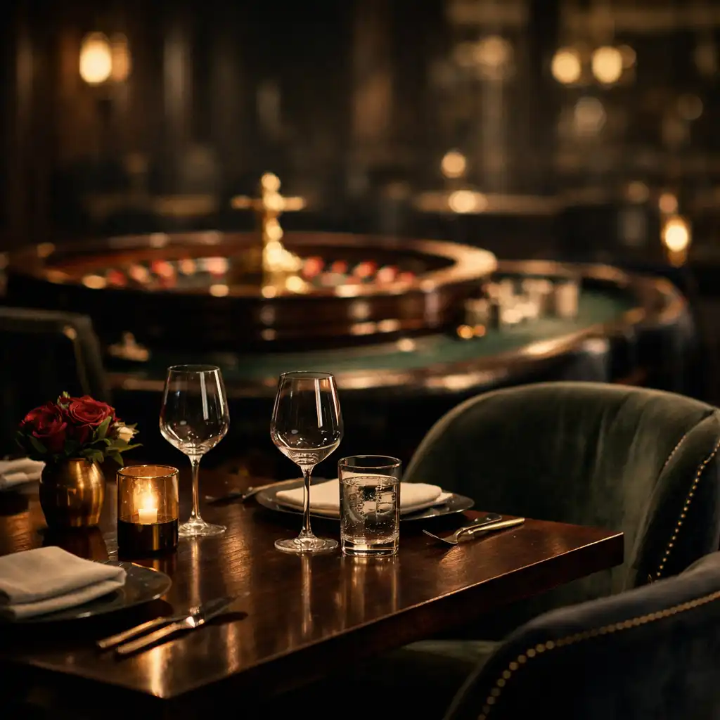 Eleganter Restaurantbereich mit Blick auf einen Roulette-Tisch im Hintergrund