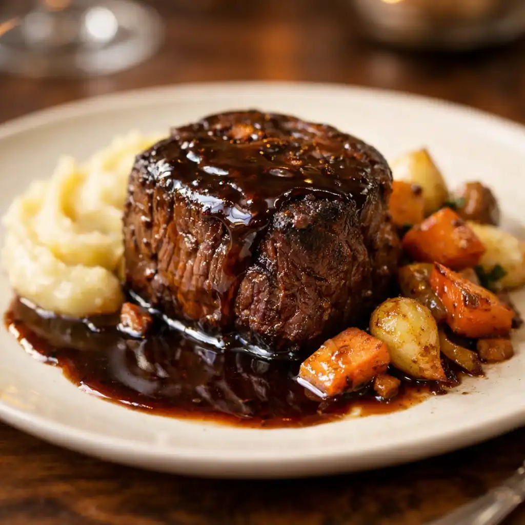 Geschmortes Rinderfilet mit Wurzelgemüse und Kartoffelpüree