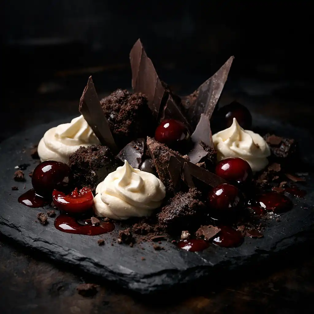Dekonstruierte Schwarzwälder Kirschtorte mit Schokoladenstücken, Kirschen und Sahne auf Schieferplatte