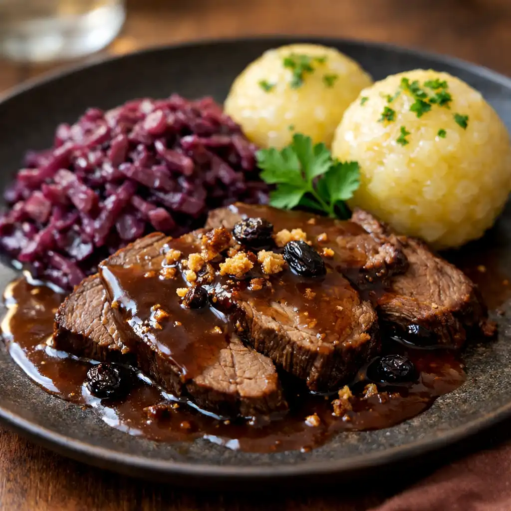Rheinischer Sauerbraten mit Rotkohl und Kartoffelklößen auf dunklem Keramikteller