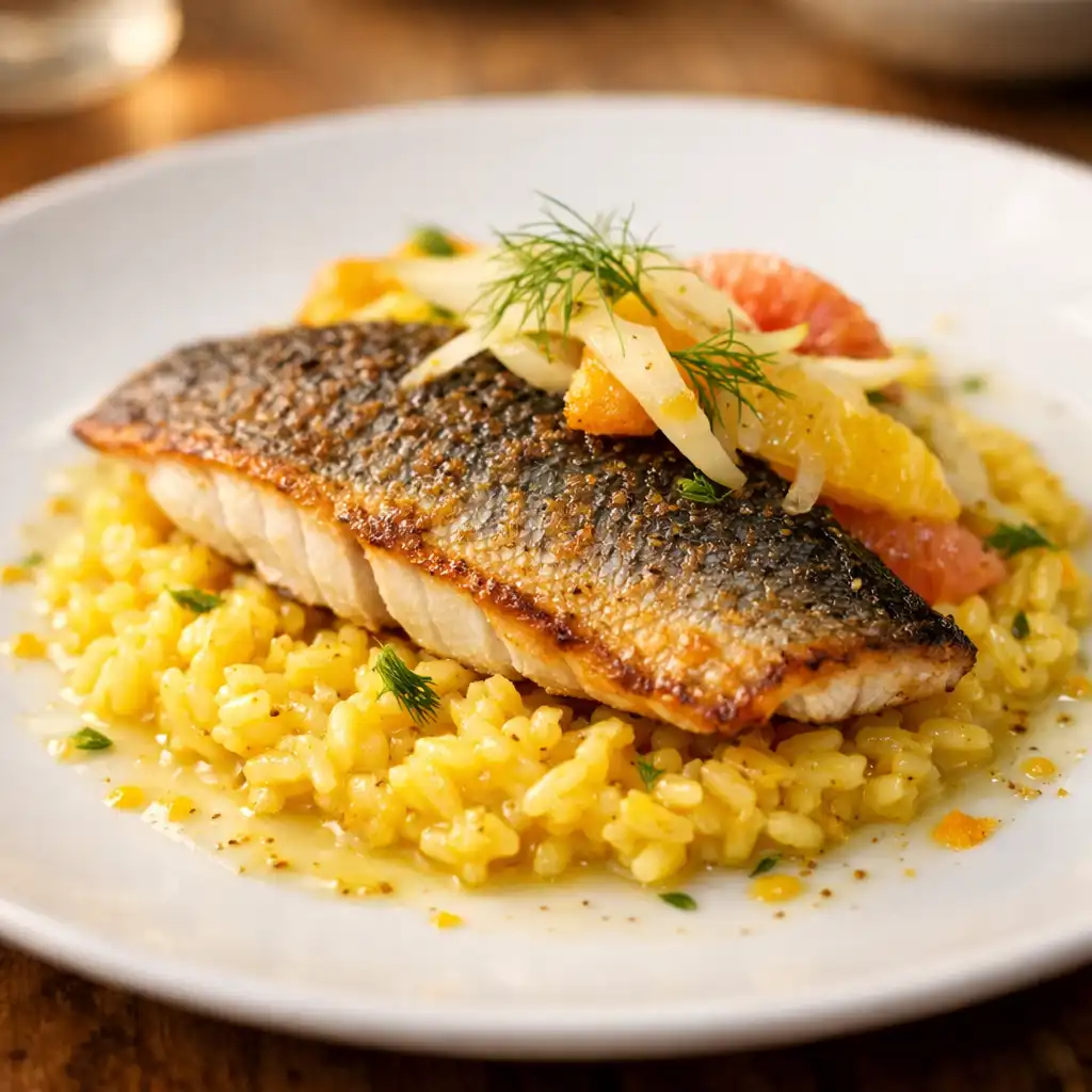 Gebratener Loup de Mer auf Safranrisotto mit Fenchel
