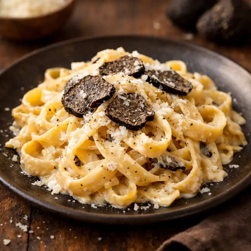 Vegetarische Trüffelpasta mit schwarzem Trüffel und Parmesan