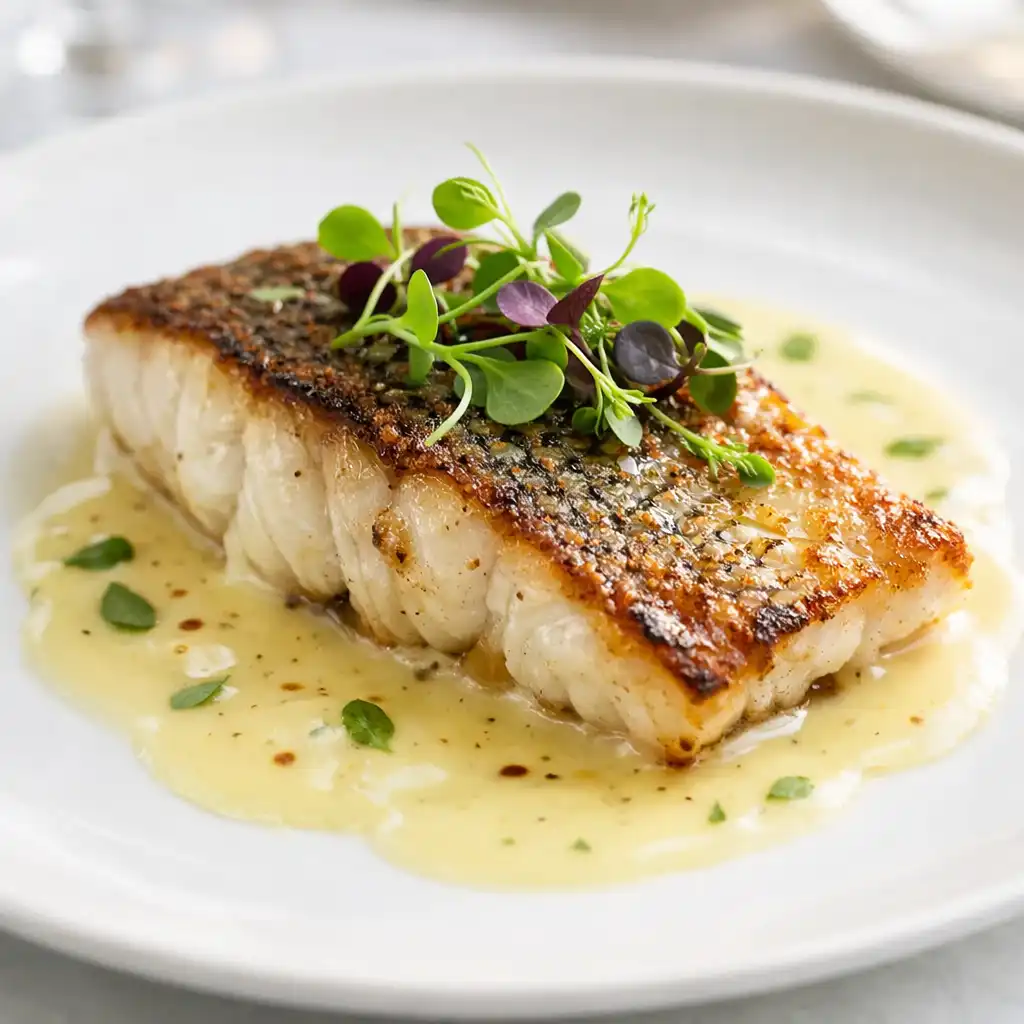 Gebratenes Zanderfilet mit heller Sauce und Microgreens auf weißem Teller