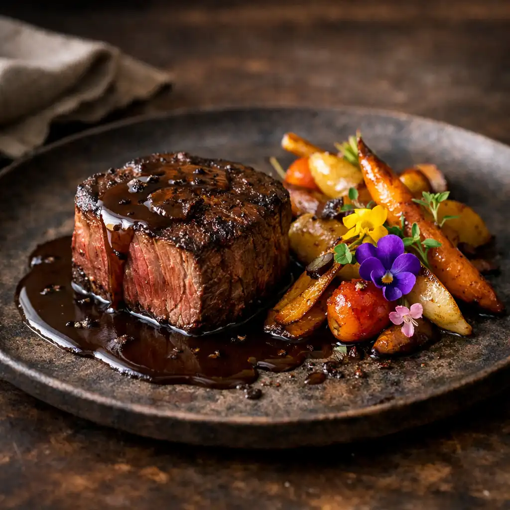 Zartes Rinderfilet mit Trüffeljus und Wurzelgemüse auf dunklem Keramikteller
