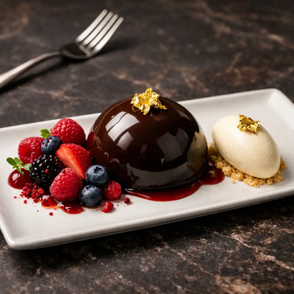 Dessertvariation mit Schokoladenkuppel, Beeren und Blattgold