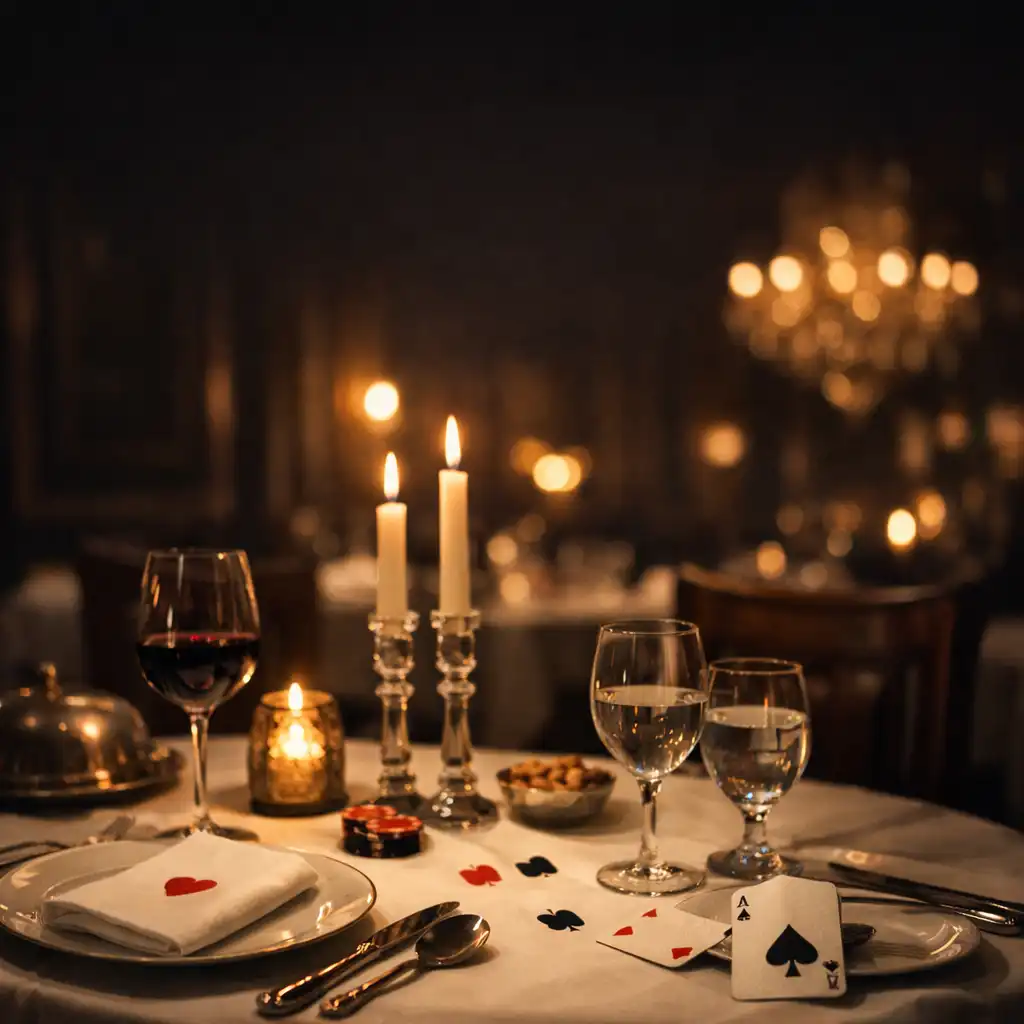 Elegant gedeckter Tisch im Erlebniszaro mit warmem Licht und subtilen Spielkarten-Details