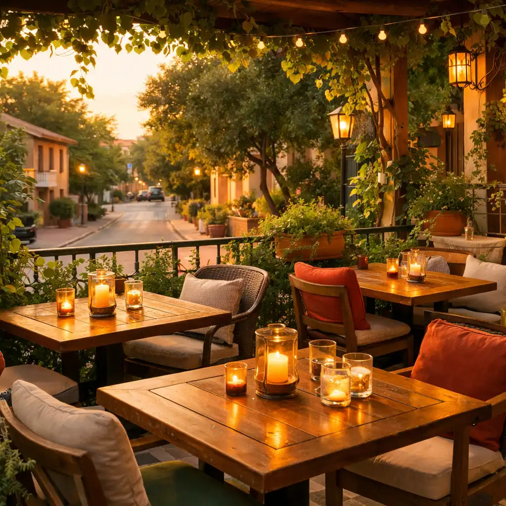 Die Terrasse des Erlebniszaro an einem Sommerabend mit Grün und Kerzenlicht