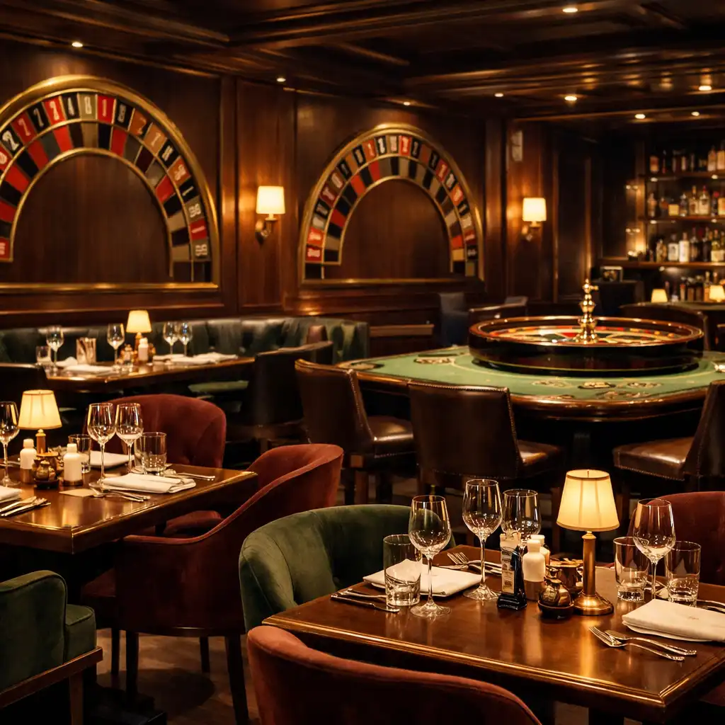 Weitwinkelaufnahme des Restaurantinnenraums mit elegantem Essbereich und dezentem Roulette-Tisch im Hintergrund