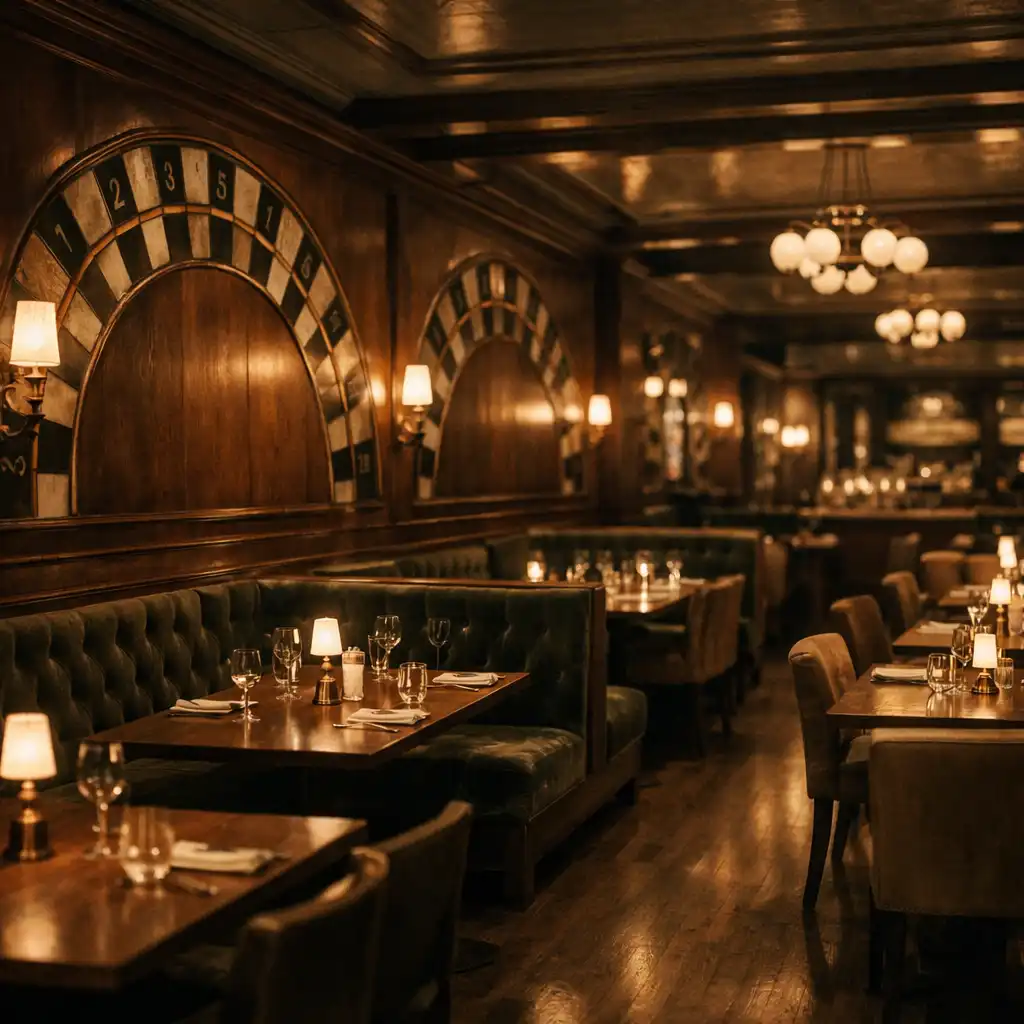 Warmes Restaurant-Interieur mit Holzvertäfelung und gedämpftem Licht