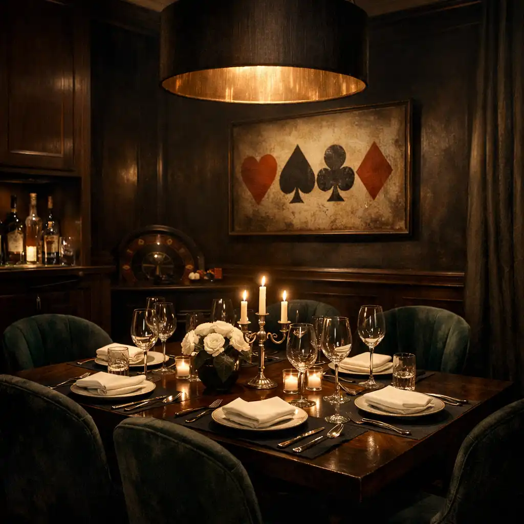 Privater Essbereich mit gedecktem Tisch für eine kleine Gruppe und elegantem Interieur