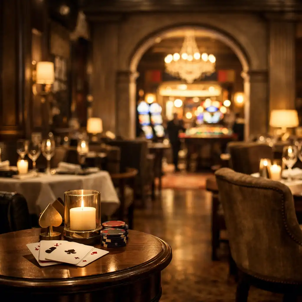 Eleganter Restaurantbereich mit Durchgang zum Casino und Spielkarten-Details auf einem Beistelltisch