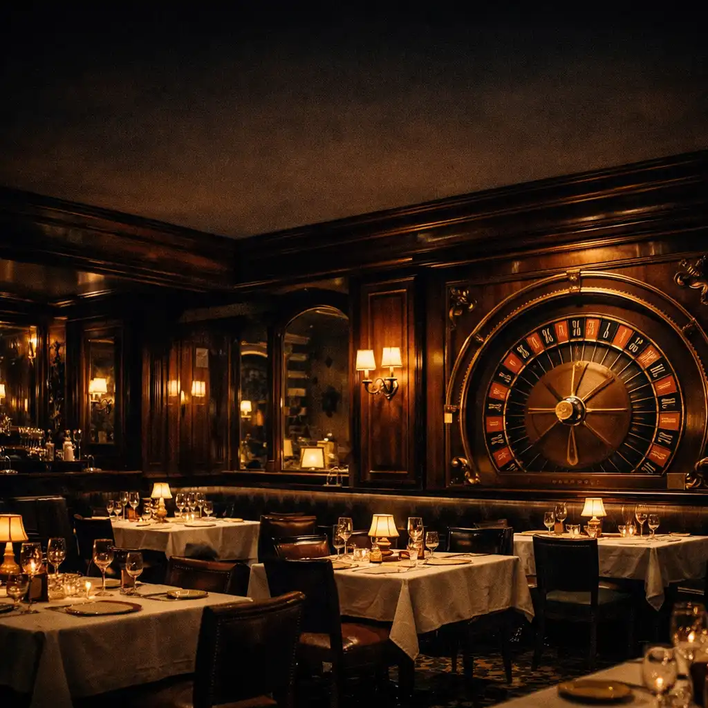 Eleganter Speisesaal des Restaurants Erlebniszaro mit warmem Licht, dunklem Holz und subtilen Casino-Akzenten