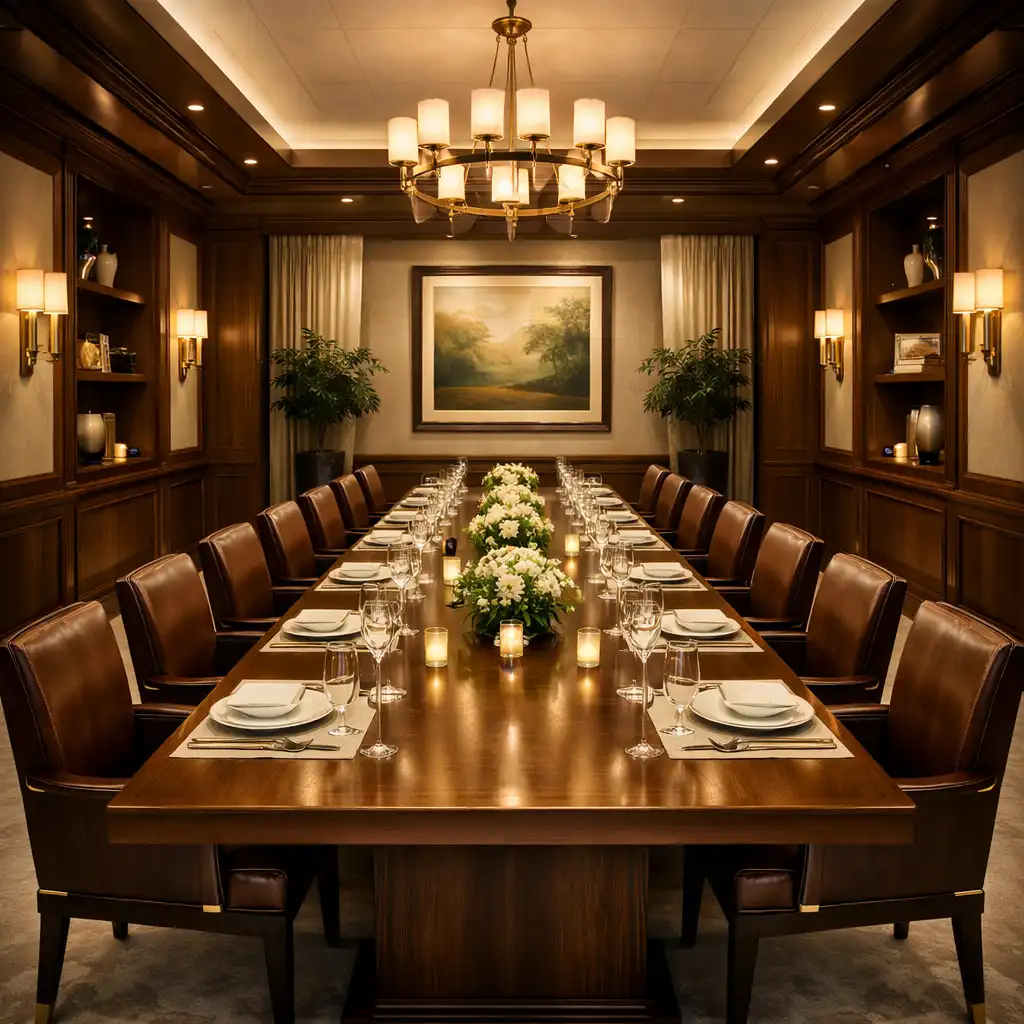 Eleganter privater Speisesaal mit langem Tisch, warmem Holz und gedämpfter Beleuchtung