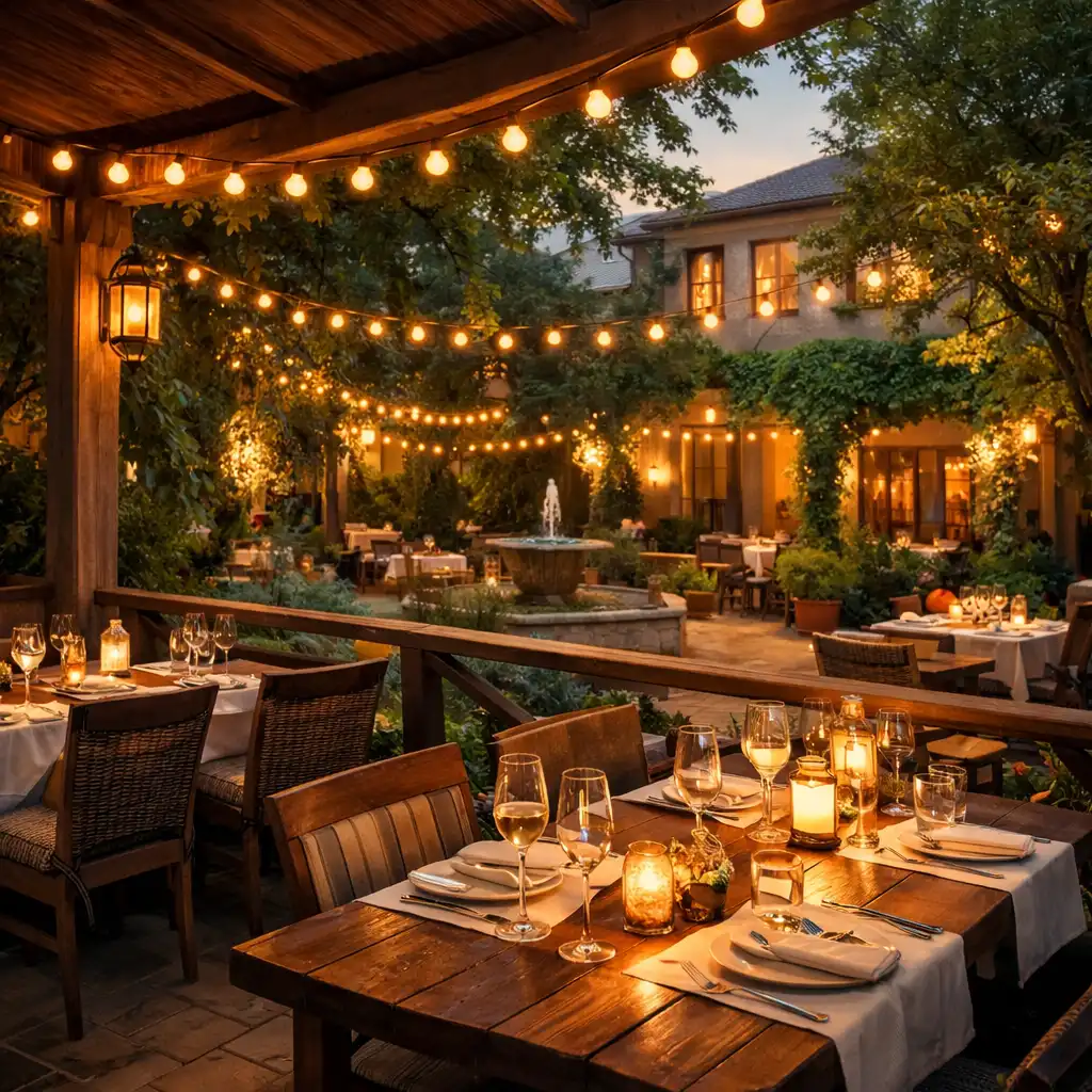 Restaurantterrasse am Abend mit Lichterketten und gedeckten Tischen, Blick auf begrünten Innenhof